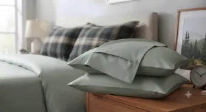 Close-up illustration of a queen size pillowcase set with a tailored envelope closure design.