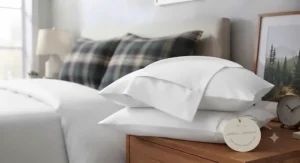 Pure white queen size pillowcase set certified hypoallergenic and gentle for sensitive skin.