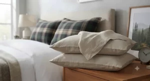Relaxed oatmeal linen queen size pillowcase set stacked neatly on a wooden bedside table.
