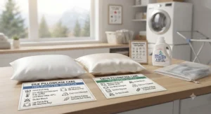 Care guide demonstrating the durability and washing requirements for a satin vs silk pillowcase.
