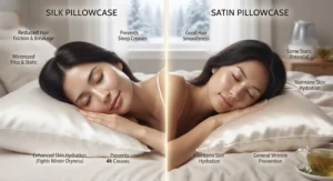 Illustration showing hair and skin benefits when choosing a satin vs silk pillowcase during dry Canadian winters.