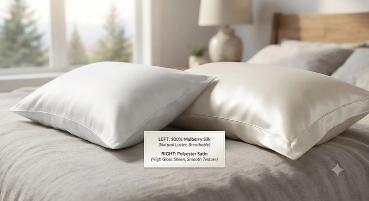 Side-by-side texture comparison of a smooth satin vs silk pillowcase for Canadian shoppers.