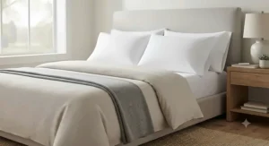 A matching set of two luxury king size pillowcases displayed against fluffy pillows.