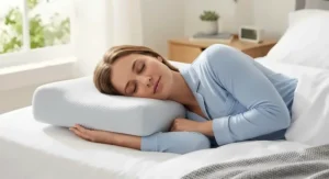 Side sleeper resting comfortably on a lofted soft cooling pillow keeping head and spine aligned