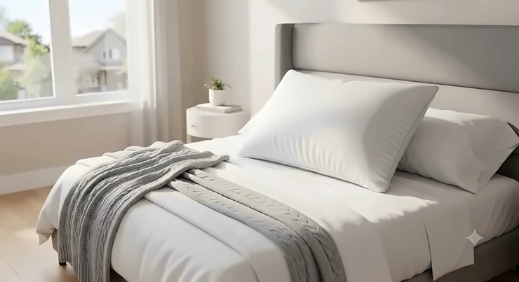 Plush soft cooling pillow on a crisp white bed set in a bright Canadian bedroom soft cooling pillows for hot sleepers