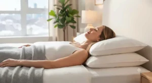 Back sleeper enjoying spinal alignment supported by a soft pillow set queen size.