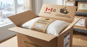 Eco-friendly recyclable cardboard box containing a compressed soft pillow set queen size ready for shipping across Canada.