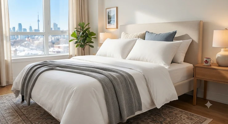 Fluffy soft pillow set queen size arranged on a crisp white bed in a bright Canadian apartment bedroom.