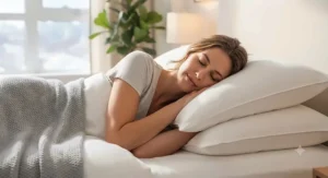 Side sleeper resting head comfortably on a soft pillow set queen size with gentle neck support.