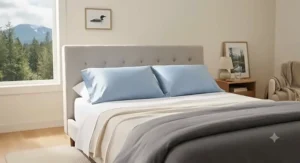 Standard-size cooling pillowcase for night sweats neatly arranged in a cozy Canadian bedroom setting.