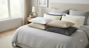 A collection of standard-size cotton pillowcases in neutral tones, showcasing versatile styling options for any bedroom decor.