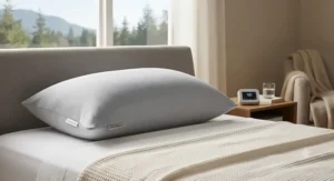 Temperature-regulating cooling pillowcase for night sweats helping hot sleepers maintain an ideal sleeping climate.