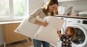 Machine-washable extra soft pillows for kids being fluffed up by a parent.