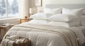 Illustration of a Canadian winter bedroom setup featuring layered extra soft down pillows