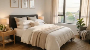 A medium pillow set queen size arranged neatly on a freshly made bed in a bright Toronto apartment.