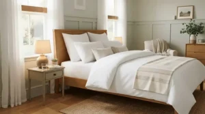 A welcoming guest bedroom featuring a pristine medium pillow set queen size on the mattress.