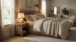 Plush hotel-style pillows styled in a luxury bedding arrangement for a high-end Vancouver apartment.