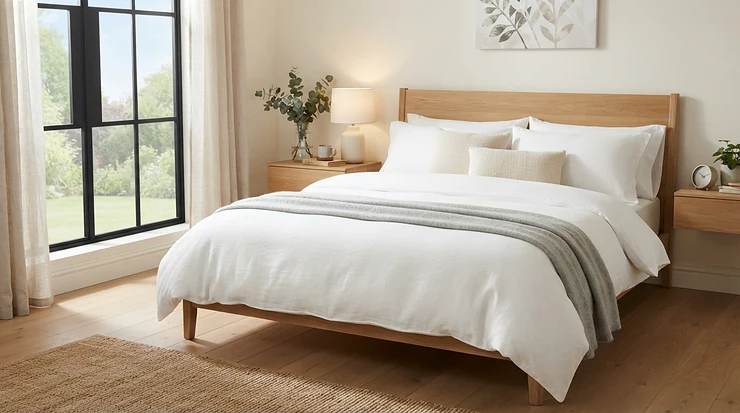 A pair of plush hotel-style pillows arranged neatly on a king-sized bed in a modern Canadian home.