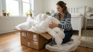 Unboxing plush hotel-style pillows for a comprehensive comfort review in a Canadian household.