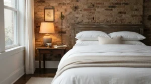 Plush pillows for back sleepers displayed in a warm, brick-walled Montreal bedroom