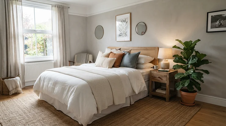 Plush pillows for guest bedroom styled in a modern Canadian home ready for seasonal houseguests