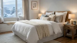 Plush pillows for guest bedroom arranged neatly on a warm, inviting Canadian home guest bed during winter